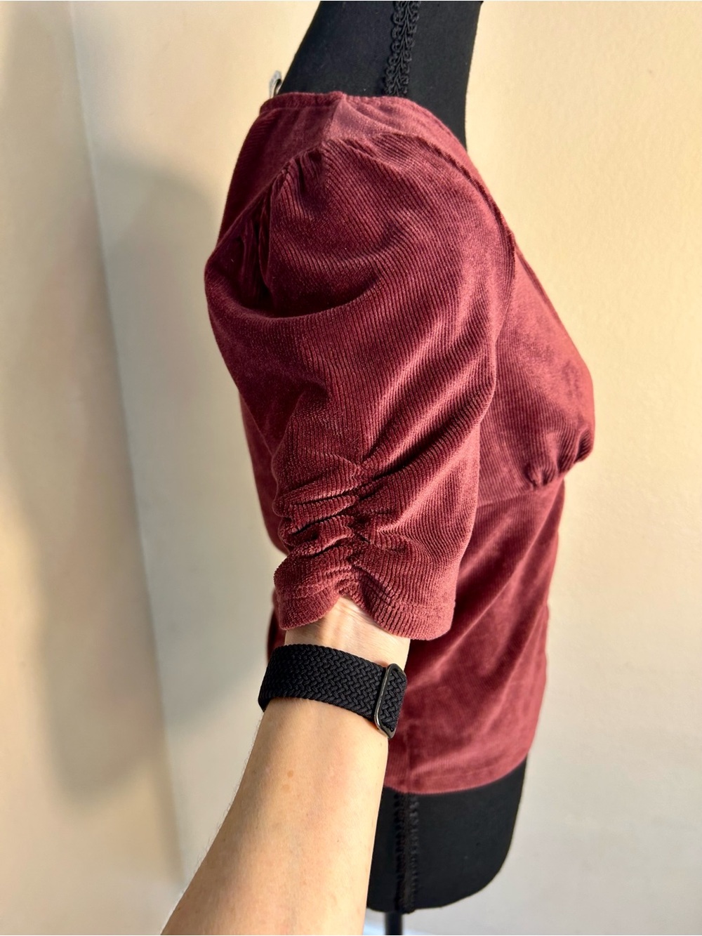 American Rag Burgundy, Rose Ribbed Velour Ruched Button Front Top - Size S - Picture 7 of 9